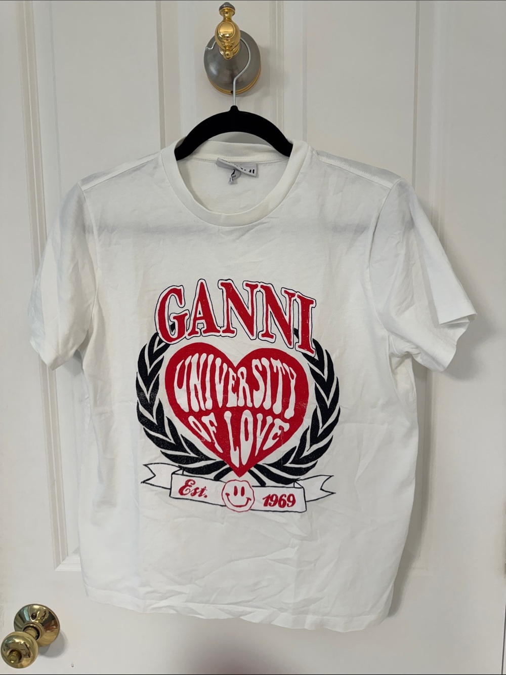 GANNI White Tee with Red Heart and Black Laurel Graphic
